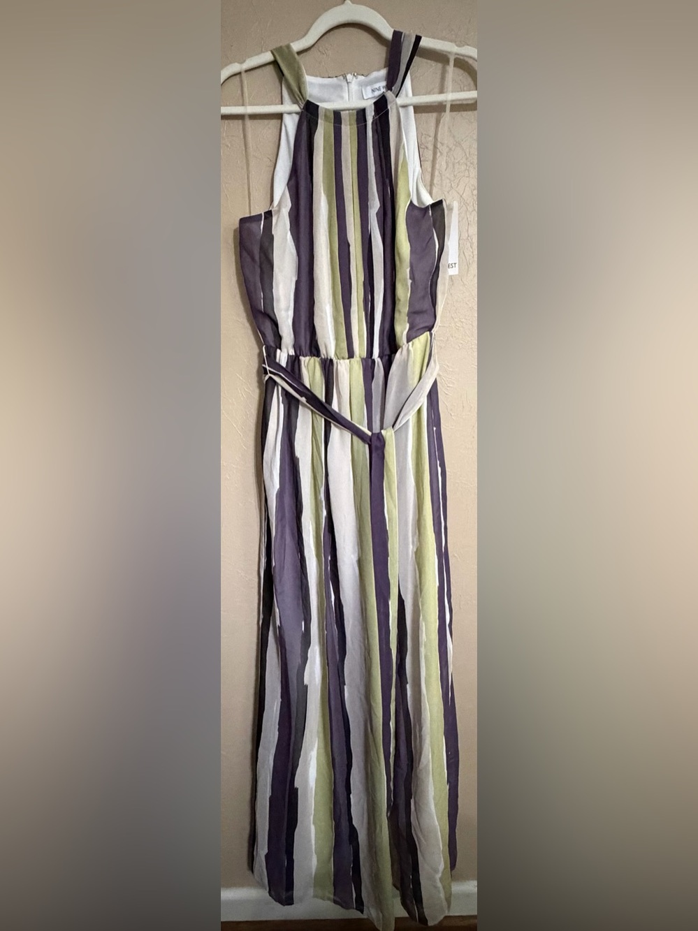 NWT Nine West halter neck maxi dress featuring olive, khaki, and purple